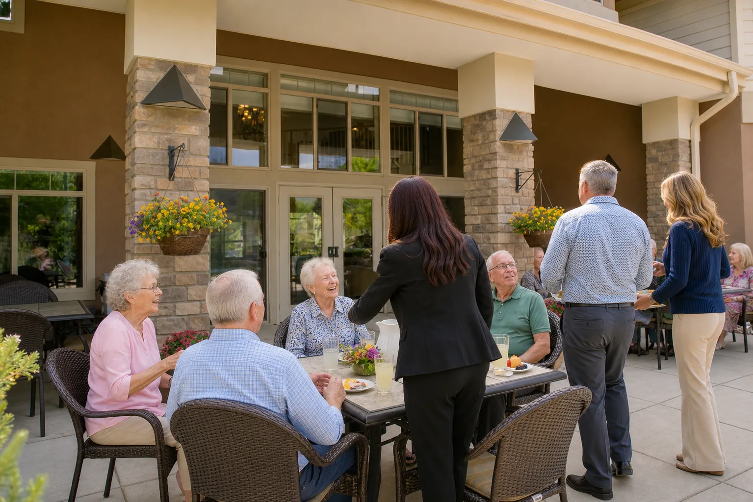 Golden Pond team members connecting with residents during a patio gathering